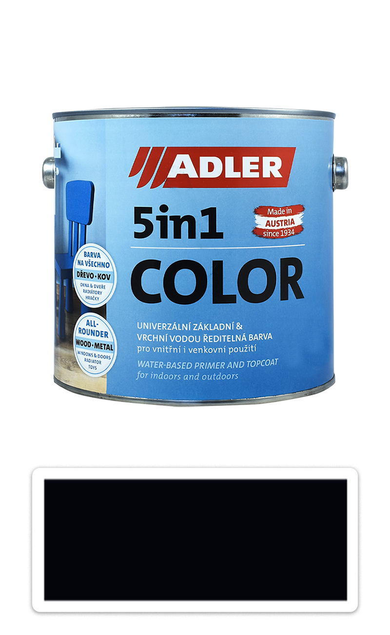 ADLER 5in1 Color - univerzálna vodou riediteľná farba 2.5 l Tiefschwarz / Čierna RAL 9005